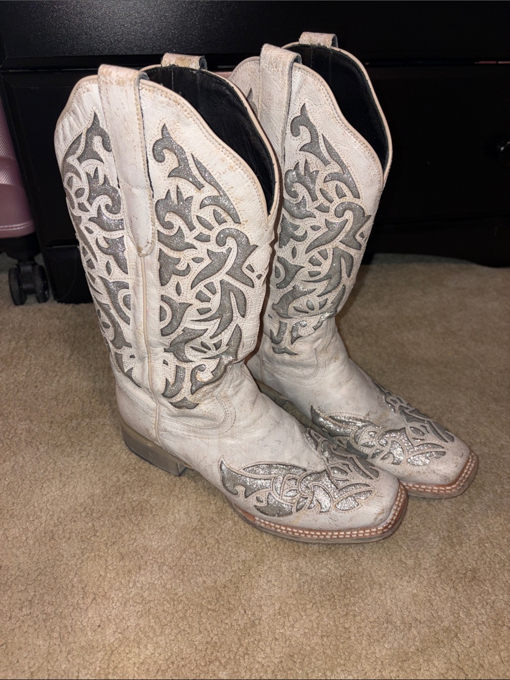 J.B. Dillon White and Silver Embroidered Western Boots